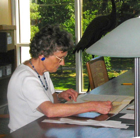 Mary reading in Bowdoin College library